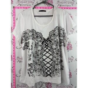 MXM tshirt corset bustier lace up White Short Sleeve Tee with Black Lace Print